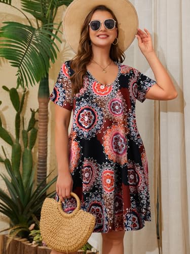 Image of ZENNILO Women's Plus Size Swing Dress with Pockets Casual Summer Dresses V Neck Short Sleeve T Shirt Dress for Women