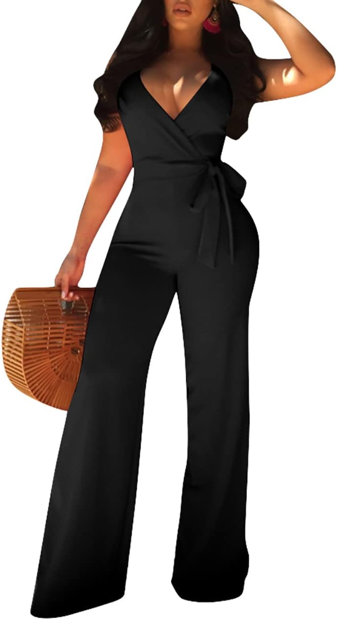 MESLIMA Women's Summer Sleeveless Short Romper Sexy Strap V Neck Wrap Front Tie Casual One Piece Jumpsuit