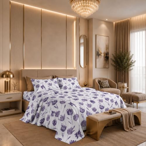 Image of Jaipur Weaves Cotton Linen Feel King Size Bedsheet 108x108 Super King, 100% Pure Cotton Bed Sheet with 2 Pillow Covers, 300 TC Soft Breathable Floral Design Bedding -(Tulips Purple,Super King)