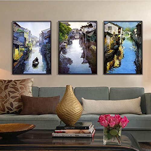 Tableau style chinois triptyque de 50x70cm avec paysage traditionnel de rivières pour salon