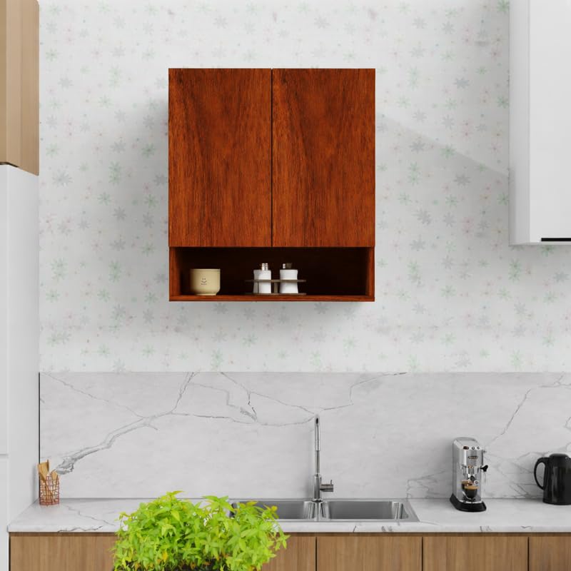 Image of 2 Door Multipurpose Wall Mounted Cabinet with Adjustable & Fixed Shelf | Storage for Kitchen, Bathroom, Office & Living Room | Assembly-DIY | Color-Cherry Pine | Size-60x33x63.8 Cm