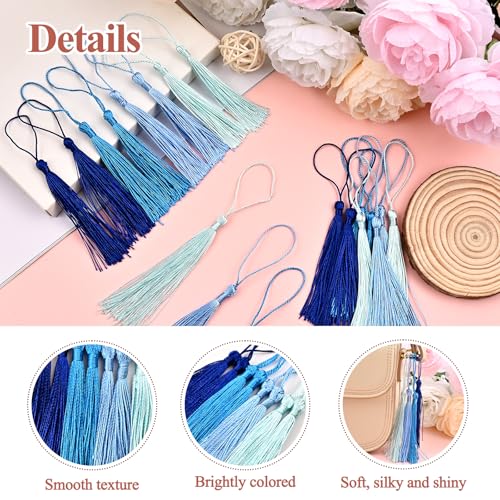 Image of NACHLYNN 120 Pcs Bookmark Tassels Bulk 13cm /5 Inch Silky Handmade Soft Craft Mini Tassels for Jewelry Keychain Making with Loops for Dress Decoration DIY Craft Accessory (Blue Series)