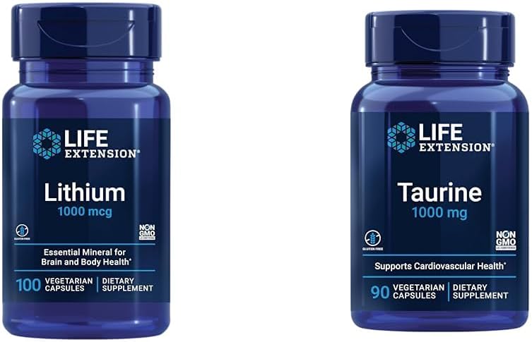 Lithium 1000 mcg and Taurine 1000 mg - Brain Health, Anti-Aging, Longevity, Memory, Cognition, Mood, Heart, Liver, Muscle and Exercise Support - 100 Count