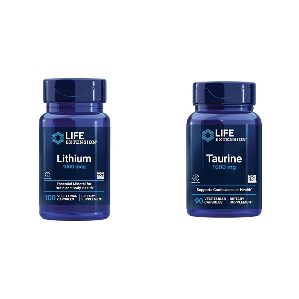 Life ExtensionLithium 1000 mcg and Taurine 1000 mg - Brain Health, Anti-Aging, Longevity, Memory, Cognition, Mood, Heart, Liver, Muscle and Exercise Support - 100 Count