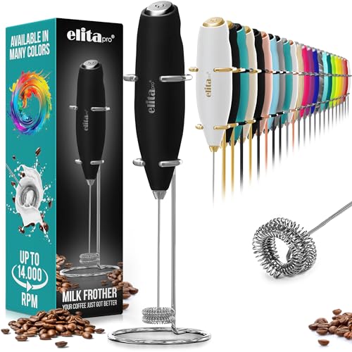 Image of ElitaPro Powerful Milk Frother Wand - Handheld Coffee Frother - Mini Foam Maker With Stand - Whisk Drink Mixer & Foamer for Coffee, Latte, Cappuccino, Frappe, Matcha, Hot Chocolate (Black)