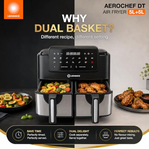 Image of Ledvance Air Fryer | 5L+5L Dual Basket | 2400W | Digital Display & Touch Control Panel | Non Stick Coating | 360Rapid Air Circulation | 85% Less Oil Usage | 12 Preset Menus | 2 Yr Warranty