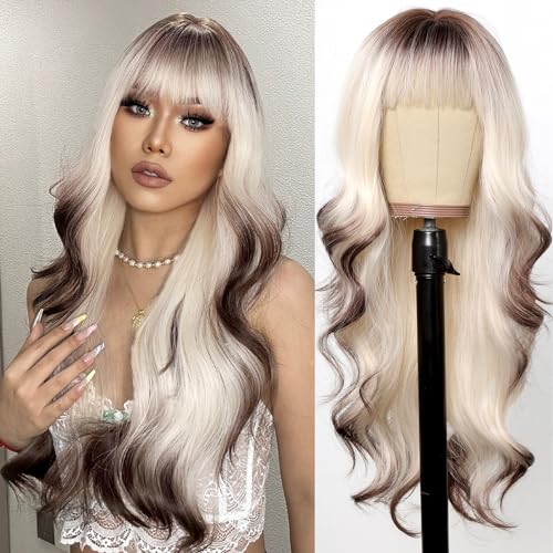 Nuxovin Platinum Blonde Wigs Human Hair with Bangs - Long Length, Curly Style, Capless and Tangle Free for Easy Wear (Blonde Brown,26 Inch)