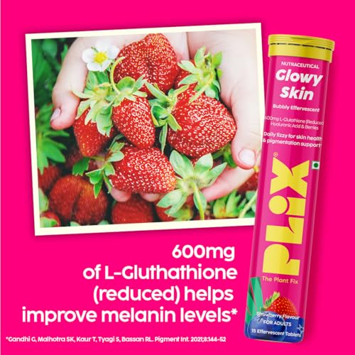 Image of The Plant Fix Plix Glutathione Effervescent Tablets for Clear, Glowing & Youthful Skin | 600mg Glutathione, Vit E & Hyaluronic Acid | No Maltodextrin, No Sugar | Strawberry