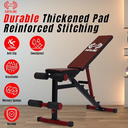 Image of Adjustable Workout Bench for Home Gym | Multifunctional Incline Decline Bench with Preacher Curl Pad & Leg Support | Full Body Strength Training Bench for Men & Women (Red & Black)