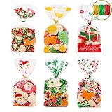 VEYLIN 120Pcs Christmas Cellophane Goody Bags, Xmas Cello candy Bags with Ties for Holiday Party Favors