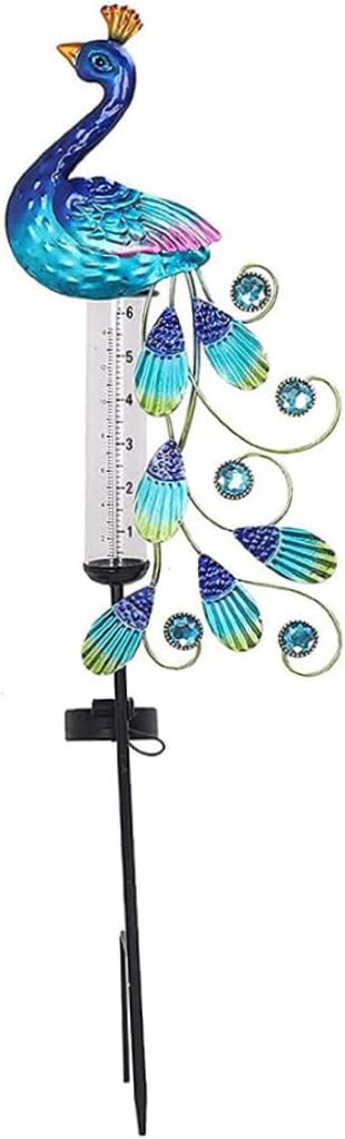 Rain Gauge Light Solar Powered Metal Peacock Garden Stakes Waterproof Yard Decorations.