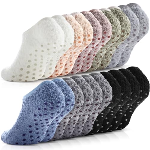 Foaincore 10 Pairs Cozy Winter Fuzzy Women Socks Fluffy Grip Slippers Non Skid Soft Winter Slipper Socks with Grippers for Women Adult House Home Yoga Christmas Gifts (Dark Colors)