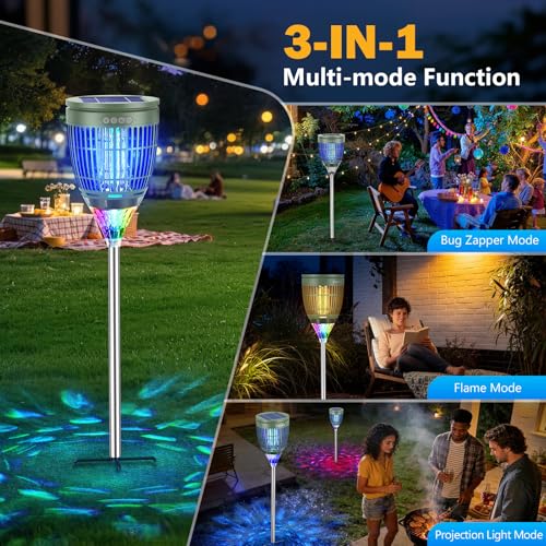 Image of All in 1 Solar Bug Zapper Outdoor, Flame & Projection Mode, Auto /Manual Modes, 4200V Electric Mosquito Killer with High Powered, IPX5 Waterproof Rechargeable Fly Insect Trap for Patio Garden Yard RV