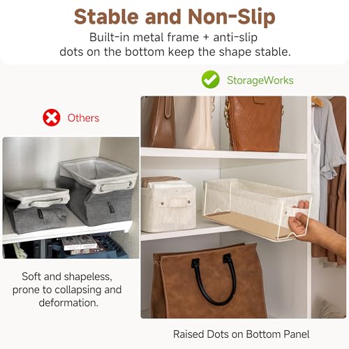StorageWorks Narrow Storage Bins, Small Basket for Closet and Shelves, Fabric Organizer with Handles, Toilet Paper Storage, Beige, Cotton Linen, 2-Pack - Image 5