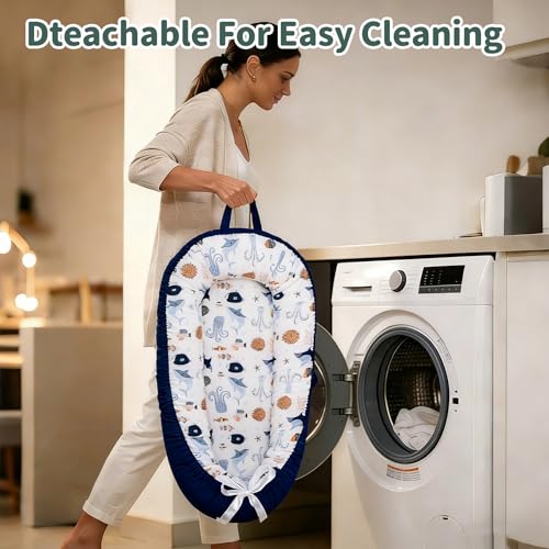 Image of Infant Support Cushions | Baby Lounger | Cotton Infant Lounger | Reversible Adjustable Portable Floor Lounger | Supervised Awake Only No Sleeping | Soft Breathable Washable Cover (sea)