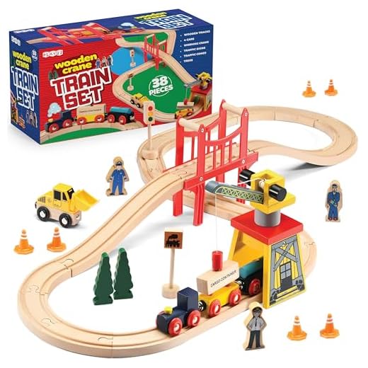 Wooden Train Set Toddler Toys - 38 Pcs Wood Train Track Set for Toddlers 3-4 Years with Crane, Bridge & Accessories - Compatible with All Major Brands