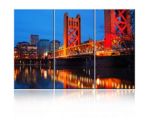 Cityscape Picture Urban Landscape Art: The Tower Bridge Crosses the Sacramento River in the heart of Downtown Sacramento, California Print on Canvas Decor Ready to Hang - 28‘’ x 14‘’ x 3 panels