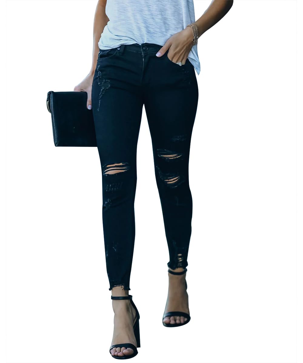 KUNMIWomen's Ripped Skinny Jeans Distressed Stretchy Denim Pants