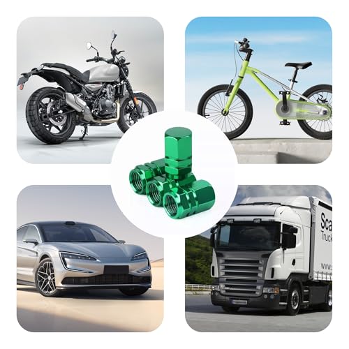 4PCS Car Tire Valve Stem Caps, Aluminum Alloy Wheel Valve Covers, Corrosion Resistant Leak-Proof Tire Air Cap Set, Universal Car Accessories for Vehicle Trucks Motorcycles Bicycles (Green)
