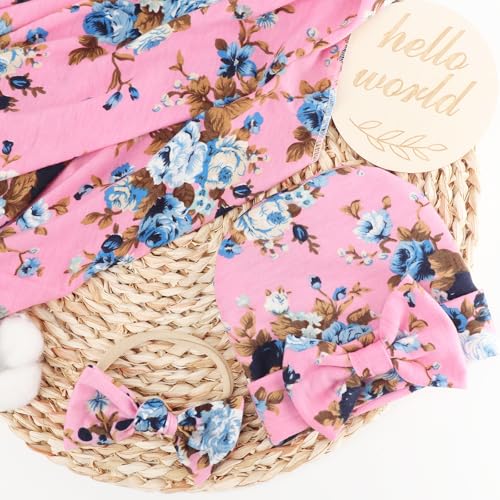 Image of DRESHOW BQUBO Baby Girl Newborn Receiving Blanket with Bow Hat Headband Wooden Birth Announcement Card Set Baby Floral Print Nursery Swaddle Wrap