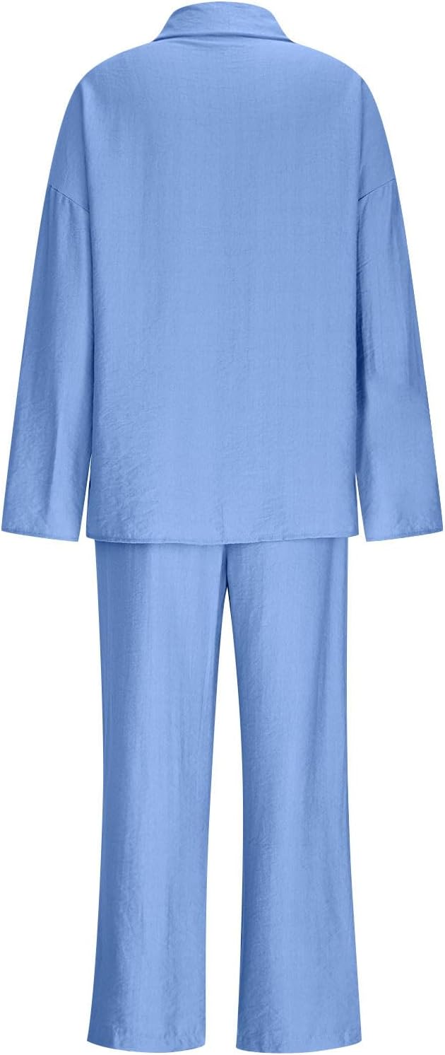 2 Piece Sets for Women Dressy Casual Loose Button Down Collared Shirt and Wide Leg Pants Matching Work Business Outfits