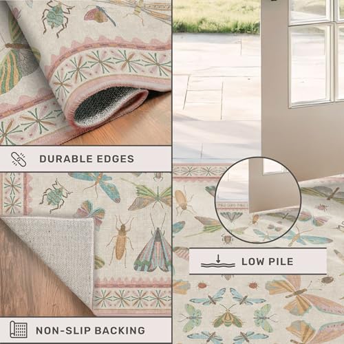 Image of Hazo Haus Floral Pink Rugs for Bedroom Girls 6x9 - Insect Print Cute Girly Rug for Living Room, Dining Room Under Kitchen Table, Washable Low Pile Vintage Bug Art Nouveau Home Decor