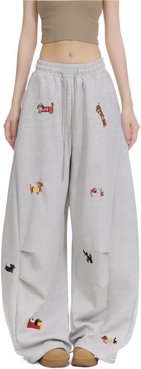 Y2k Unisex Vintage Kawaii Puppy Embroidery Cutecore Baggy Sweatpants Hiphop Preppy Loose Casual Wide Leg Pants