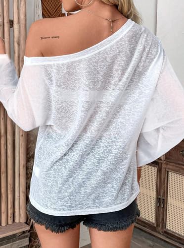 Hilinker Womens Sheer Mesh See Through T Shirt Sexy Long Sleeve Off Shoulder Tops3