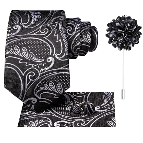 Image of Hi-Tie Men's Tie Lapel Pin Set Pocket Square Cufflinks Formal Woven Silk Tie Sets Wedding Party