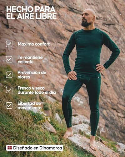 DANISH ENDURANCE Conjunto Térmico Lana Merino Hombre, Camiseta Térmica y Pantalon, Ropa Interior Lana Merino
