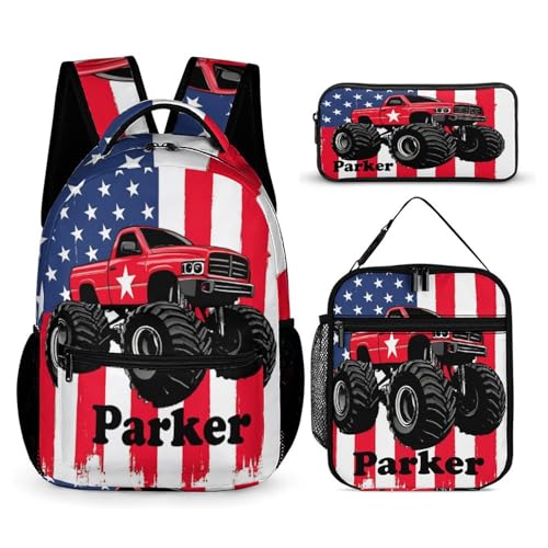 zaaprintblanket Custom Truck Flag Backpack 3 Piece Set Personalized School Backpack with Lunch Bag Pencil Case for Boys Girls Kids