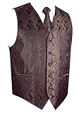 Men's 3pc Paisley Design Dress Vest Tie Handkerchief Set For Suit or Tuxedo (XL (Chest 46), Brown/Black)