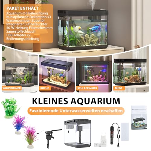 Vehipa Nano Aquarium, 9 Liter Aquarium Set mit Heizung, 3-in-1 Pumpe mit Filterung, Sauerstoffanreicherung und Zirkulation, 7-Farben-Timer-Zyklusbeleuchtung, Temperaturanzeige, Luftbefeuchter