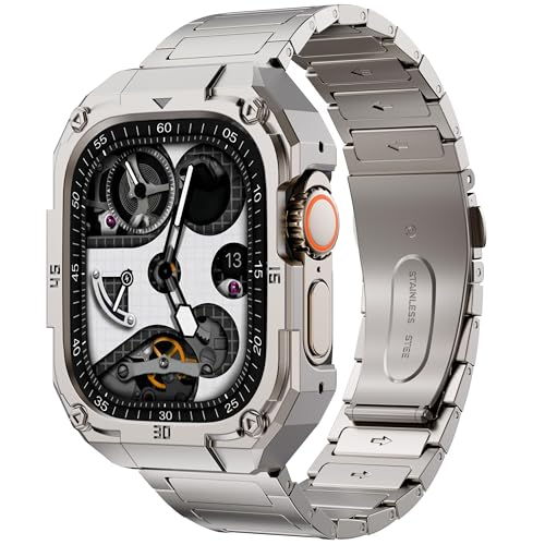 [CAGOS] for Apple Watch バンド 保護ケースベルト一体型アップルウォッチ 交換用 Apple Watch 45mm Series 9/8/7に対応 316ステンレス製 TPUケース内臓 二重保護 ビジネスバンド 耐久性 耐衝撃 おしゃれ 着脱簡単 長さ調節器具付き(グレー, Series 9/8/7 45mm)