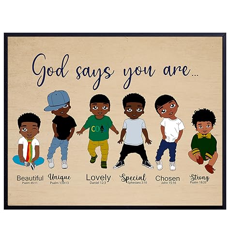 African American Boys Wall Art LARGE 11x14 - Christian Gifts - Bible Verse - Religious Wall Decor for Boys Room - Scripture Wall Art - Black Art - Inspirational Quotes - Bedroom Decor - God Wall Decor