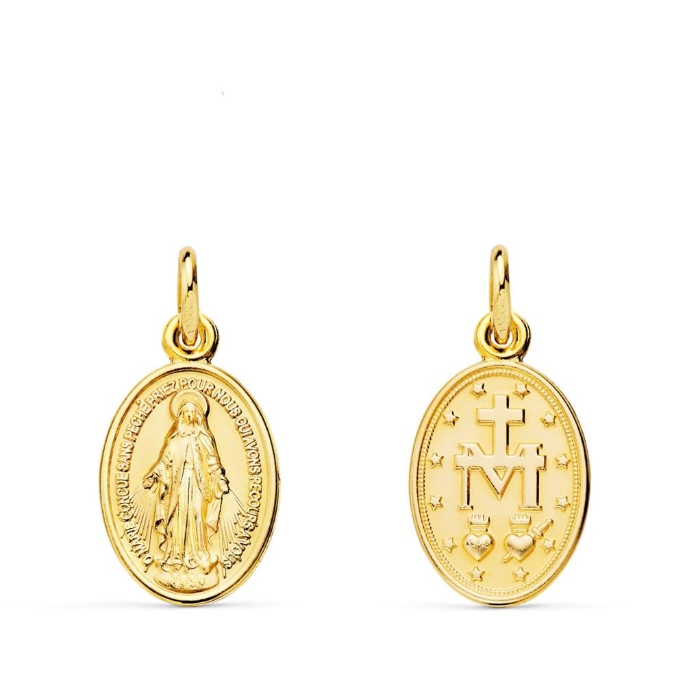 Medaglia d'oro 18k della Vergine Miracolosa ovale 14 mm.
