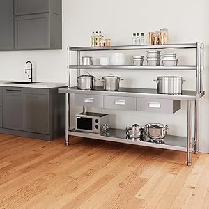 YITAHOME NSF Stainless Steel Table with Overshelves & Drawers, 72" X 24" Work Table with 72" X 12" Shelf & 3 Drawers, Metal Table Prep Table YITAHOME NSF Stainless Steel Table with Overshelves Drawers 72 X 24 Work Table with 72 X 12 Shelf 3 Drawers Metal Table Prep Table