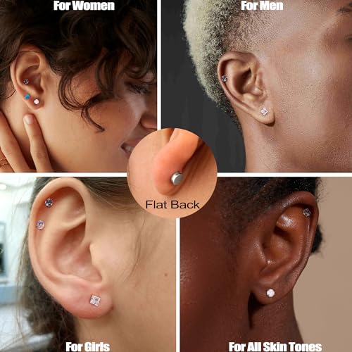MILACOLATO 5Pairs G23 Titanium Flat Back Earrings Surgical Stainless Steel Stud Earrings for Women Men Opal Pearl Turquoise Cubic Zirconia Sleeper Cartilage Screwback Earrings Piercing Studs Titanium Earrings for Sensitive Ears2