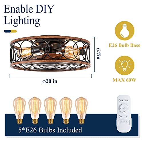 Norfolk Ceiling Fans With Lights, 20'' Low Profile Caged Lighting With Remote Control, Bladeless Fan With Reversible Motor, 3 Speeds Enclosed Flush Mount (5 E26 Bulbs Included) Farmhouse Modern Style #TOP3