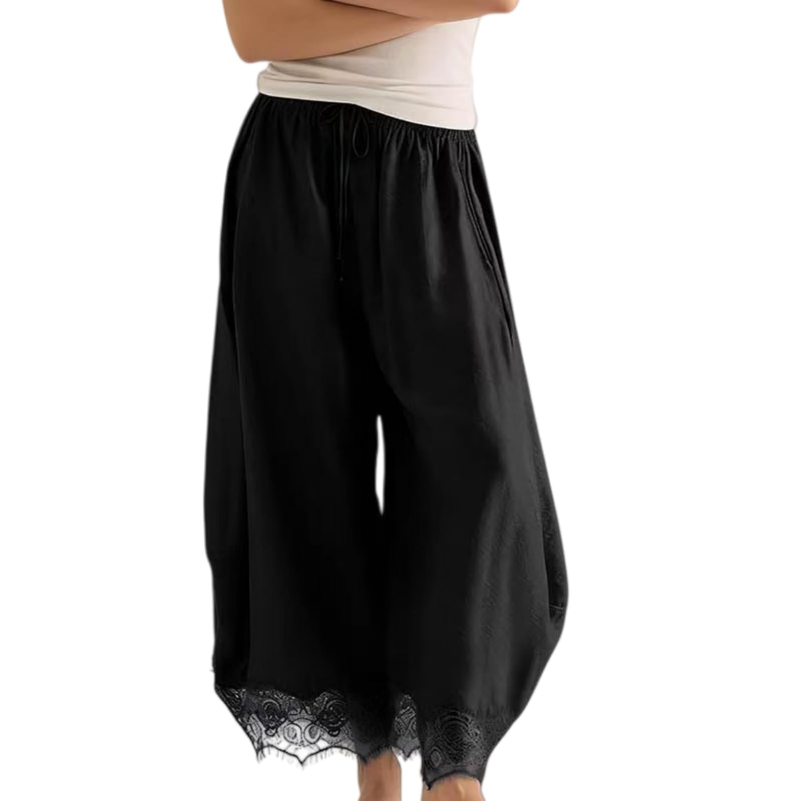 Pantaloni Casual da Donna con Fondo in Pizzo e Taglio Cropped | Pantaloni estivi stile boho a gamba larga, vita alta con coulisse e tasche; pantaloni casual leggeri ideali per vacanze al ma