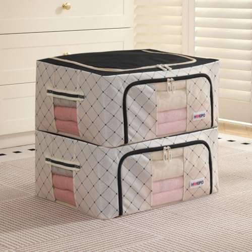 Image of HOKIPO 44L Wardrobe Organiser for Storage of Clothes, 600D Oxford Fabric Storage Box, Ivory Noir Pack of 2 (AR-6485-BLK*2)