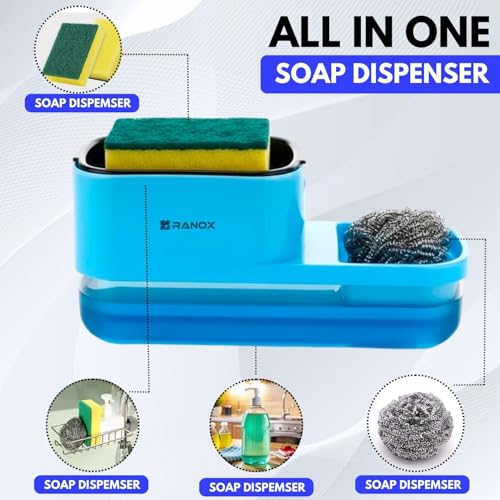 Image of Ranox Soap Dispenser for Kitchen Sink Accessories, Dish Wash Liquid Dispenser Pump 400ml with Sponge Holder, Bathroom Soap Dispensers, Kitchen Sink Organizer (Blue (Dual Dishwasher))