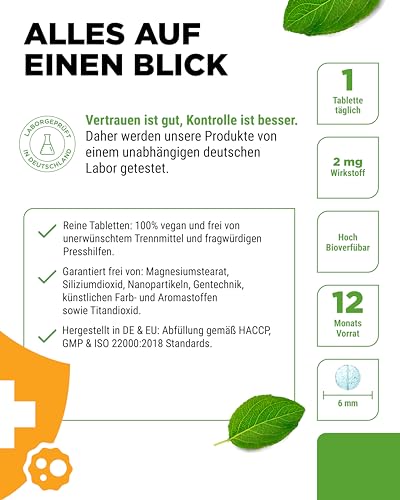 Kupfer - 365 Tabletten mit jeweils 2 mg - 1 Jahresvorrat - Hohe Bioverfügbarkeit - Kupfergluconat - Hochdosiert - Vegan - Ohne unerwünschte Zusätze