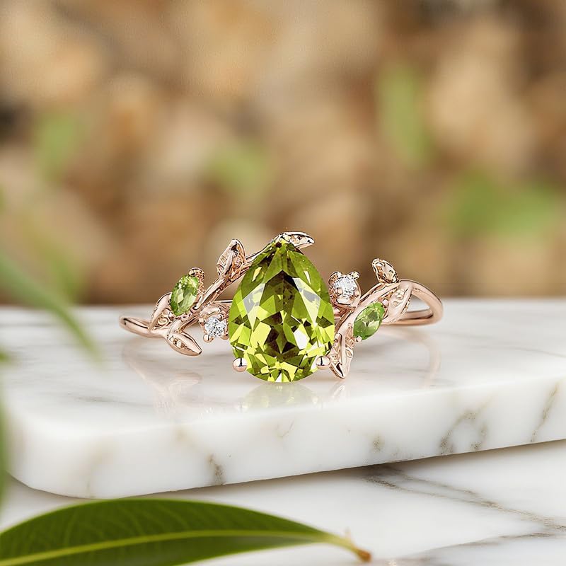10K 14K 18K Gold Vine Leaf Natural Peridot Wedding Ring Sets for Women Round/Heart/Oval/Pear/Kite Cut Twig Peridot Promise Anniversary Ring Sets Size 3-16
