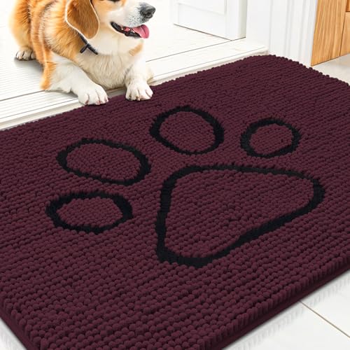 Image of Smiry Dog Door Mat for Muddy Paws, Absorbent Dirt Trapper Non Slip Quick Dry Washable Chenille Mat for Mud Dogs, Entry Rug for Indoor and Outdoor (30x20 Inches, Russet and Black)
