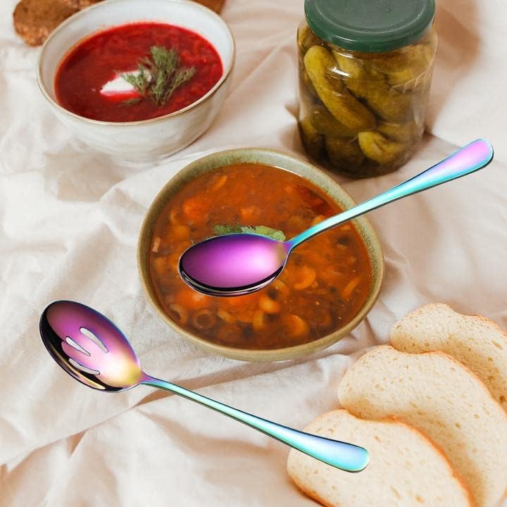 Flatware Spoons Server Set, Rainbow 6 Large Dinner Spoon Server and 6 Slotted Spoon, Catering Public Serving Spoon Set for Buffet Party Banquet