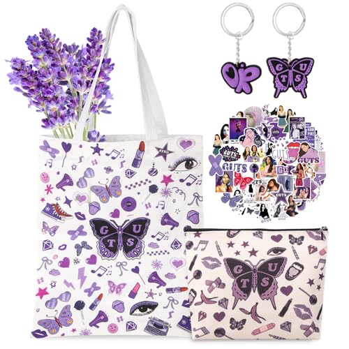 54PCS Olva Merch Album Canvas Bag Set Cosmetic Bag Music Lover Makeup Bags with Stickers & Keychain Music Lyric Albums G-U-T-S Tour Concert Tote Gift for Fans Women