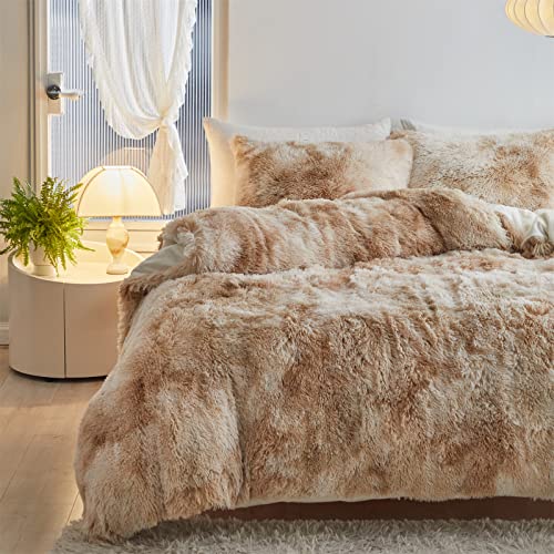 Wajade Faux Fur Plush Tie Dye Camel Comforter Set Fluffy Fuzzy Shaggy Bedding Set - 3Pc Full/Queen Microfiber Soft Warm Quilt Set #TOP2