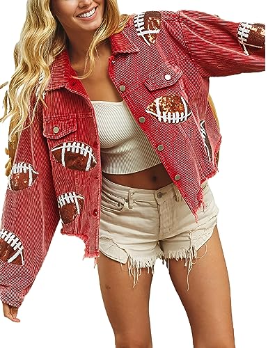Aimiray Women's Cropped Corduroy Jacket Football Sequin Patched Print Button Frayed Hem Shacket Outerwear Coat2