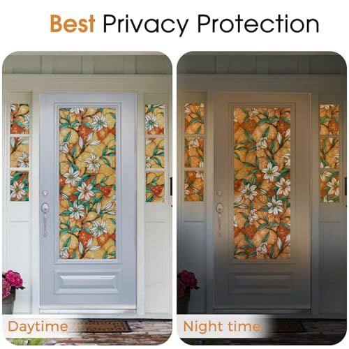 Image of Coavas Static Cling Privacy Window Film, 96% UV & Heat Blocking, Stained Glass Window Film Floral Design, Non-Adhesive, for Bathroom, Front Door, Shower Enclosur(Yellow, 17.5 inch X 78.7 inch)